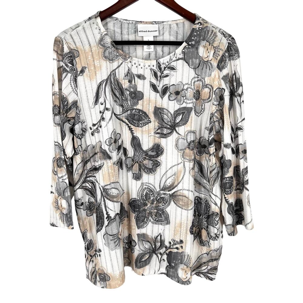 Alfred Dunner Sz Large White Gray Floral 3/4 Sleeve Blouse Shirt Top Tropical